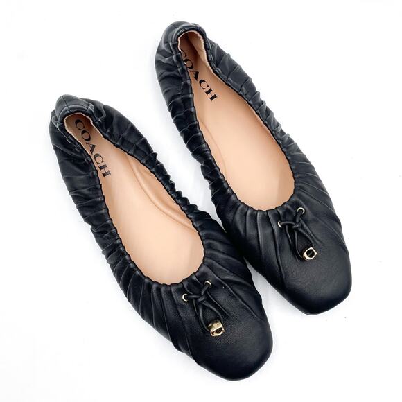 Coach Eleanor Ballet‎ Flats Black Ruched Leather Square Toe Slip On Sz 8 - Picture 1 of 9
